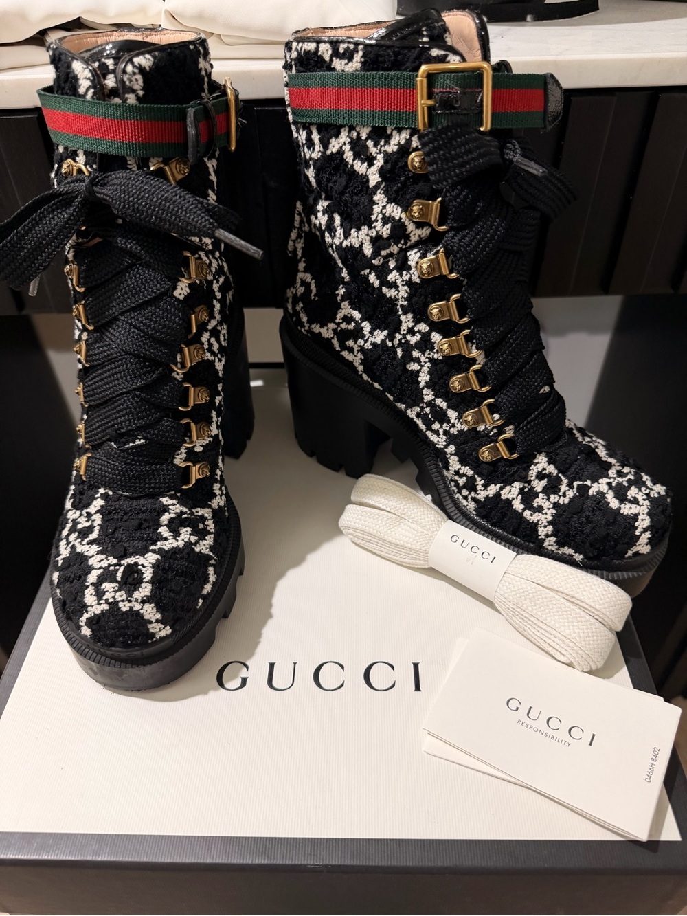 Gucci Black and White Lace-Up Hiker Boots with Signature Green-Red Web Strap